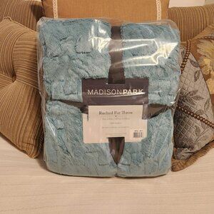Brand New in Box! Madison Park Ruched Faux Fur Luxury Throw, Aqua, 50" W x 60"L
